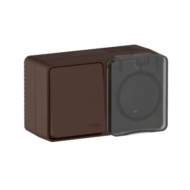 AtlasDesign PROFI IP54 О/У БЛОК: РОЗ. з/к со шт. 16А, ВЫКЛ.1-клав.10А, КОРИЧНЕВЫЙ