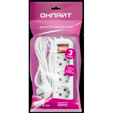 Удлинитель бытовой OPE-S-03-300-ESC-3x0.75 с заземлением с выключателем 3 розетки 3м ПВС 3х0,75 2200Вт