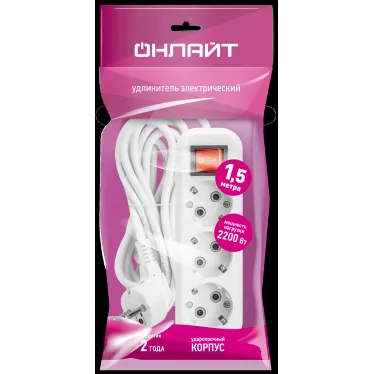 Удлинитель бытовой OPE-S-03-150-ESC-3x0.75 с заземлением с выключателем 3 розетки 1,5м ПВС 3х0,75 2200Вт