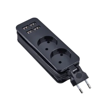 Удлинитель серии Travel шнур 1,5м 2 гнездa 10A без заземления 4USB 2,1A Черный ТМ UnielS-CT2-1,5U BLACK