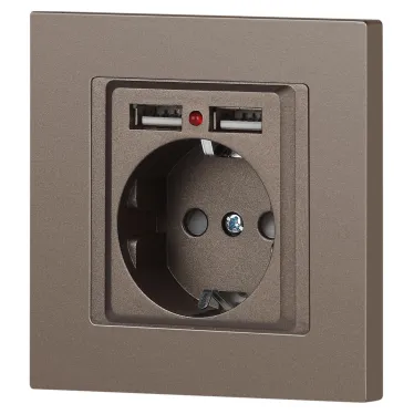Розетка Intro Accent 6-410-08 , P+E Schuko со шторками, 16А-250В + 2хUSB, IP20, СУ, бронза