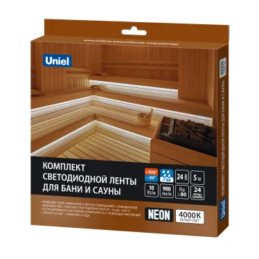 Комплект светодиодной ленты для бань и саун до +100°С 5м Белый свет 4000К Крепление в комплекте ULS-N40-2835-120LED/m-16mm-IP68-DC24V-10W/m-5M-4000K NEON SET01