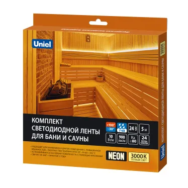 Комплект светодиодной ленты для бань и саун до +100°С 5м Теплый белый свет 3000К) Крепление в комплекте ULS-N40-2835-120LED/m-16mm-IP68-DC24V-10W/m-5M-3000K NEON SET01