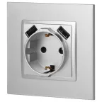 Розетка 2P+E 16A-250В, штор. с 2xUSB 5В-3А, Эра Elegance, алюминий 14-4109-03