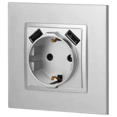 Розетка 2P+E 16A-250В, штор. с 2xUSB 5В-3А, Эра Elegance, алюминий 14-4109-03