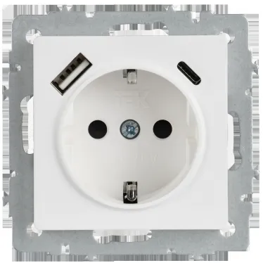 BRITE Розетка 1-местная с заземлением с защитными шторками 16А с USB A+C 18Вт РЮш11-1-БрАБ арктический белый IEK