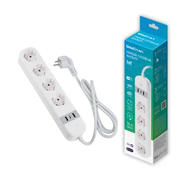 Умный сетевой фильтр Wi-Fi 1.8м ПВС 3х1,5 4 гнезда, с заземлением, 2USB Type-C 5В, 3A 16А До 3680Вт Голосовое управление приложение UnielSmart TM Unie lP-GCL4-1,8 A201/UC/WF WHITE