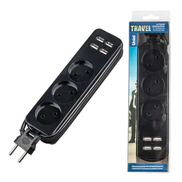Удлинитель серии Travel шнур 1,8м 3 гнездa 10A без зазамления 4USB 3,1A Черный ТМ UnielS-CT3-1,8U BLACK