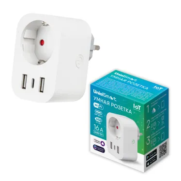 Умная розетка Wi-Fi 2USB Type-C 5В, 2,4A 16A До 3680Вт Голосовое управление приложение UnielSmart TM Uniel USH-A103 1G/UC/WF WHITE