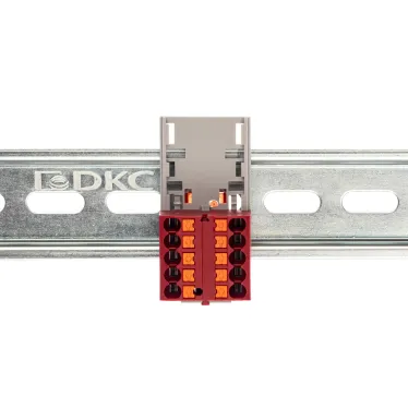 Блок распределительный с верт. адаптером на рейки шириной 15/35мм, зажим push-in, 10 точек подключения 2,5 кв.мм, красный