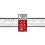 Блок распределительный с верт. адаптером на рейки шириной 15/35мм, зажим push-in, 1 ввод 6 кв.мм, 10 точек подключения 2,5 кв.мм, красный