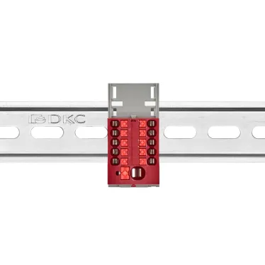 Блок распределительный с верт. адаптером на рейки шириной 15/35мм, зажим push-in, 1 ввод 6 кв.мм, 10 точек подключения 2,5 кв.мм, красный