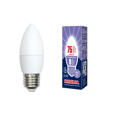 Лампа светодиодная LED-C37-9W/DW/E27/FR/NR Форма свеча, матовая. Серия Norma. Дневной белый свет (6500K). Картон. ТМ Volpe