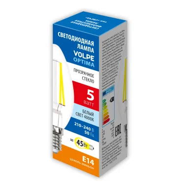 Лампа светодиодная. LED-C35-5W/4000K/E14/CL/SLF Форма свеча, прозрачная. Белый свет (4000K). ТМ Volpe