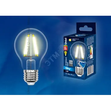 Лампа светодиодная LED 8вт 200-250В форма А прозрачное 800Лм E27 3000К Sky филамент