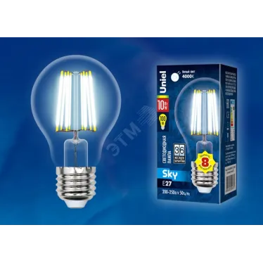Лампа светодиодная LED 10вт 200-250В форма А прозрачное 920Лм E27 4000К Sky филамент