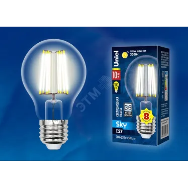 Лампа светодиодная LED 10вт 200-250В форма А прозрачное 920Лм E27 3000К Sky филамент