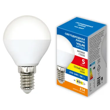 Лампа светодиодная Форма шар матовая Теплый белый свет 3000K LED-G45-5W/3000K/E14/FR/SLS