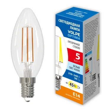 Лампа светодиодная. LED-C35-5W/4000K/E14/CL/SLF Форма свеча, прозрачная. Белый свет (4000K). ТМ Volpe