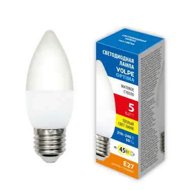 Лампа светодиодная LED-C37-5W/3000K/E27/FR/SLS Форма свеча матовая Теплый белый свет (3000K) ТМ Volpe