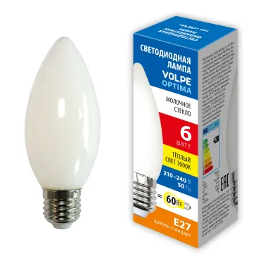 Лампа светодиодная. LED-C35-6W/3000K/E27/FR/SLF Форма свеча, матовая. Теплый (3000K).