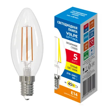 Лампа светодиодная. Форма свеча, LED-C35-5W/3000K/E14/CL/SLFпрозрачная. Теплый (3000K).