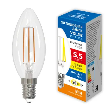 Лампа светодиодная Форма свеча прозрачная Теплый белый свет 3000K LED-C35-5,5W/3000K/E14/CL/SLF