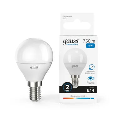 Лампа светодиодная LED 10 Вт 750 лм 6500К шар P45 холодный E14 AC 220В Elementary Gauss