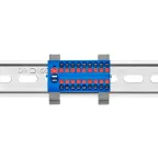 Блок распределительный с гориз. адаптером на рейку шириной 35мм, зажим push-in, 1 ввод 6 кв.мм, 18 точек подключения 2,5 кв.мм, синий
