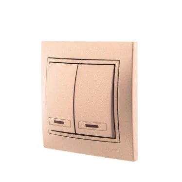 Мира Выключатель двойной с подсветкой светло-коричневый металлик