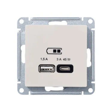 ATLASDESIGN USB РОЗЕТКА A + тип-C 45W высокоскор.заряд. QC,PD, механизм, БЕЖЕВЫЙ
