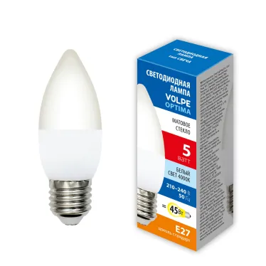 Лампа светодиодная LED-C37-5W/4000K/E27/FR/SLS Форма свеча матовая Белый свет (4000K) ТМ Volpe