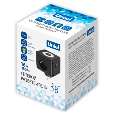 Разветвитель сетевой с выключателем с заземлением 2 гнезда 2USB+1TYPE C 16А 3500Вт Черный ТМ UnielS-GES2-16SBUC BLACK