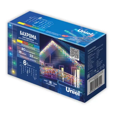 Бахрома светодиодная со статическим свечением 6м Соединяемая 80 светодиодов Разноцветный свет Провод прозрачный ТМ Uniel ULD-B6006-080/STK MULTI IP44