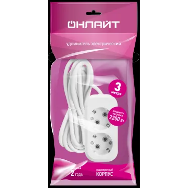 Удлинитель бытовой OPE-S-02-300-E-3x0.75 с заземлением 2 розетки 3м ПВС 3х0,75 2200Вт