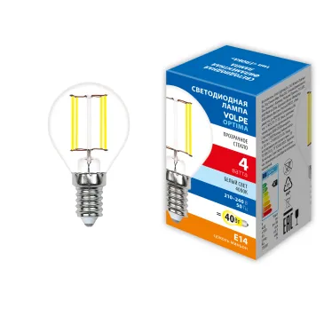 Лампа светодиодная. LED-G45-4W/4000K/E14/CL/SLF Форма шар, прозрачная. (4000K).