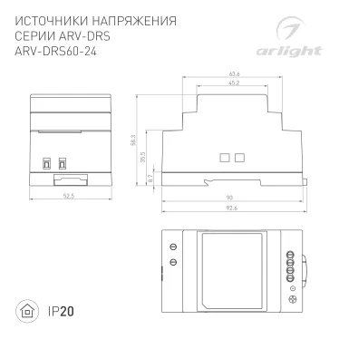 Блок питания ARV-DRS-60-24 (24V, 2.5A, 60W) (ARL, IP20, DIN-рейка, 5 лет)