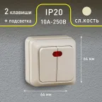 Выключатель двойной с подсветкой, 10А-250В, ОУ, Quadro, сл.кость,2-105-02