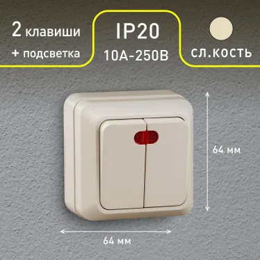 Выключатель двойной с подсветкой, 10А-250В, ОУ, Quadro, сл.кость,2-105-02