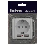 Розетка Intro Accent 6-410-01 P+E Schuko со шторками, 16А-250В + 2хUSB, IP20, СУ, белый