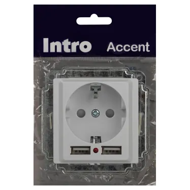 Розетка Intro Accent 6-410-01 P+E Schuko со шторками, 16А-250В + 2хUSB, IP20, СУ, белый