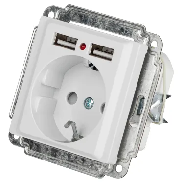 Розетка Intro Accent 6-410-01 P+E Schuko со шторками, 16А-250В + 2хUSB, IP20, СУ, белый