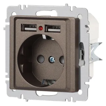 Розетка Intro Accent 6-410-08 , P+E Schuko со шторками, 16А-250В + 2хUSB, IP20, СУ, бронза