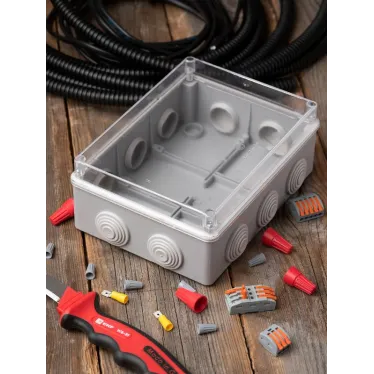 Коробка распаячная КМР-050-042пк пылевлагозащищенная 10 мембранных вводов уплотнительный шнур прозрачная крышка (190х140х70) PROxima