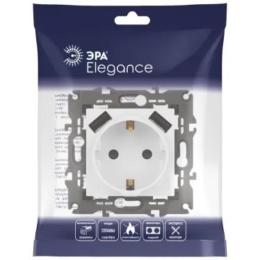 Розетка 2P+E 16A-250В, штор. с 2xUSB 5В-3А, Эра Elegance, белый 14-4109-01