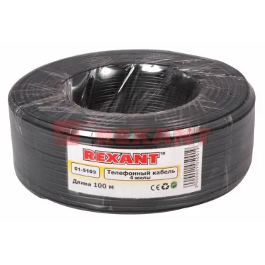 Телефонный кабель ШТЛП 4 жилы Cu, черный, 100м, REXANT