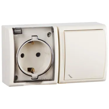 15 Aqua Блок розетка с заземлением 16А 250В + выключатель проходной 10А 250В IP54 слоновая кость