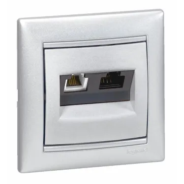 VALENA Розетка телефонная+компьютерная R11+RJ45 категория 6 UTP алюминий