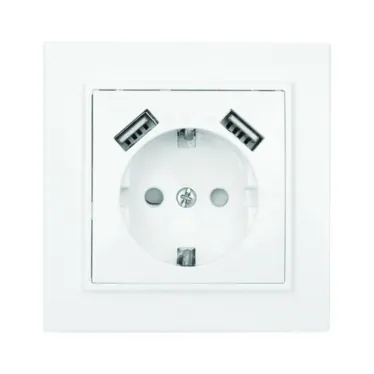 Розетка Минск 1-местная СП с заземлением 16А белая с защитными шторками с 2 USB 2,1А