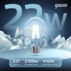 Лампа светодиодная Filament А70 22W 2100lm 4100К Е27 LED 1/10/40 | 102902222 | Gauss